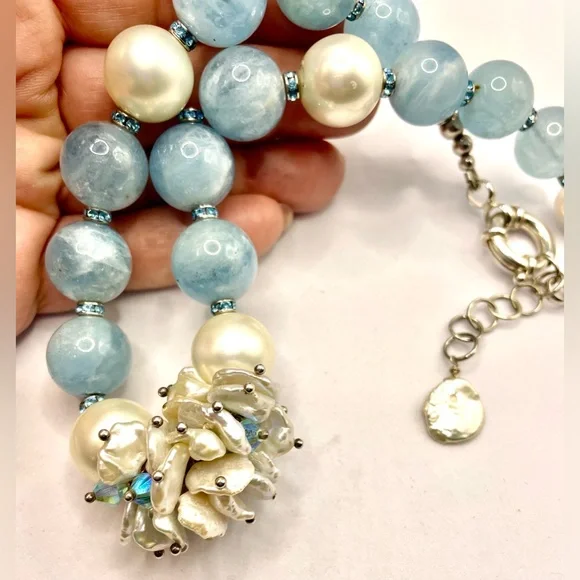 Gorgeous Aquamarine Beaded Necklace Fresh Water Pearls Crystal Spacers 925 - Picture 11 of 11